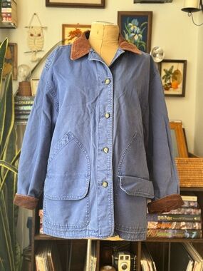 Vintage Lands End Chore Barn Jacket Blue Brown Corduroy Accents Women’s XL 18-20